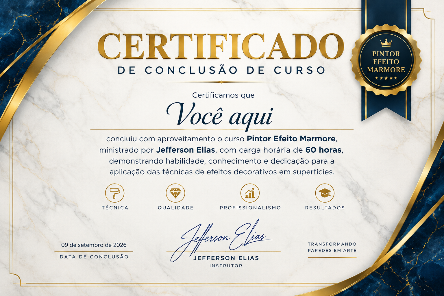 Certificado Exclusivo do curso Pintor Efeito Mármore