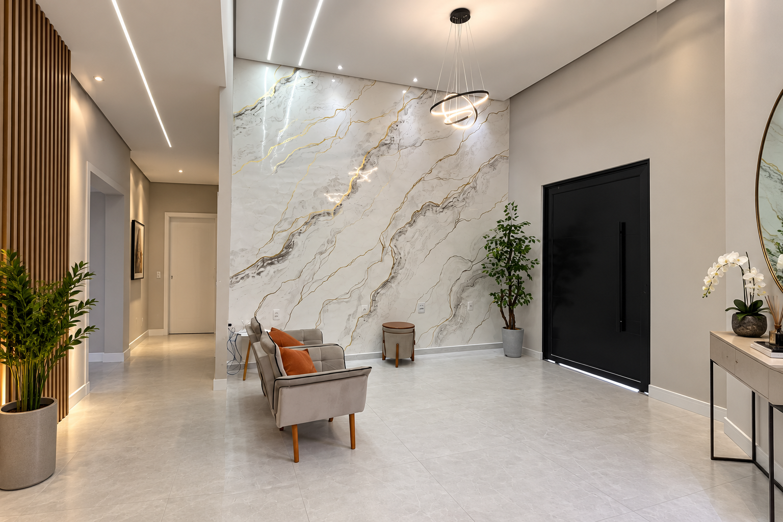 Hall com parede transformada em efeito mármore